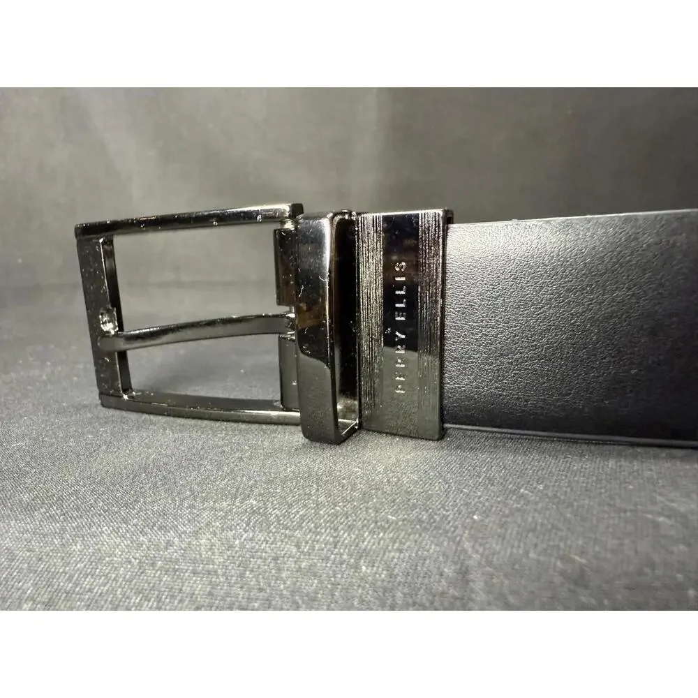 Perry Ellis Belt Men's 38 Black Faux Leather Dress Reversible Buckle‎ EUC